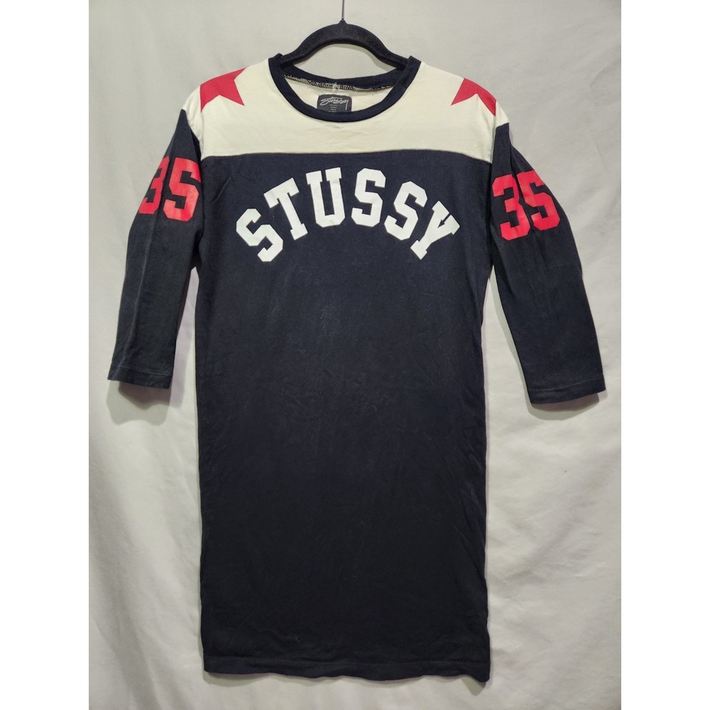 VTG Stussy Double Star Jersey Dress Number 35 Spell Out Black Red White Japan